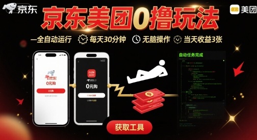 京东美团平台最新0撸玩法，全自动挂G，每天30分钟，无脑操作，当天收益3张【揭秘】-讯领网创