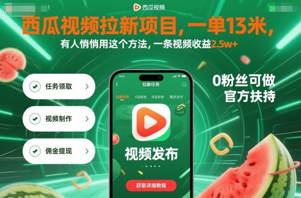 西瓜视频拉新项目，一单13米，有人悄悄用这个方法，一条视频收益2.5w+（附详细教程）-讯领网创