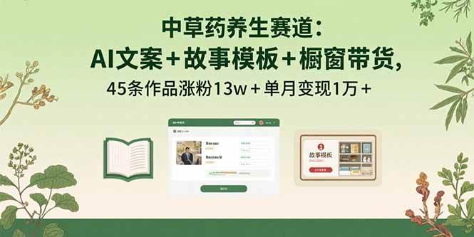 （15925期）中草药养生赛道：AI文案+故事模板+橱带货，45条作品涨粉13w+单月变现1万+-讯领网创