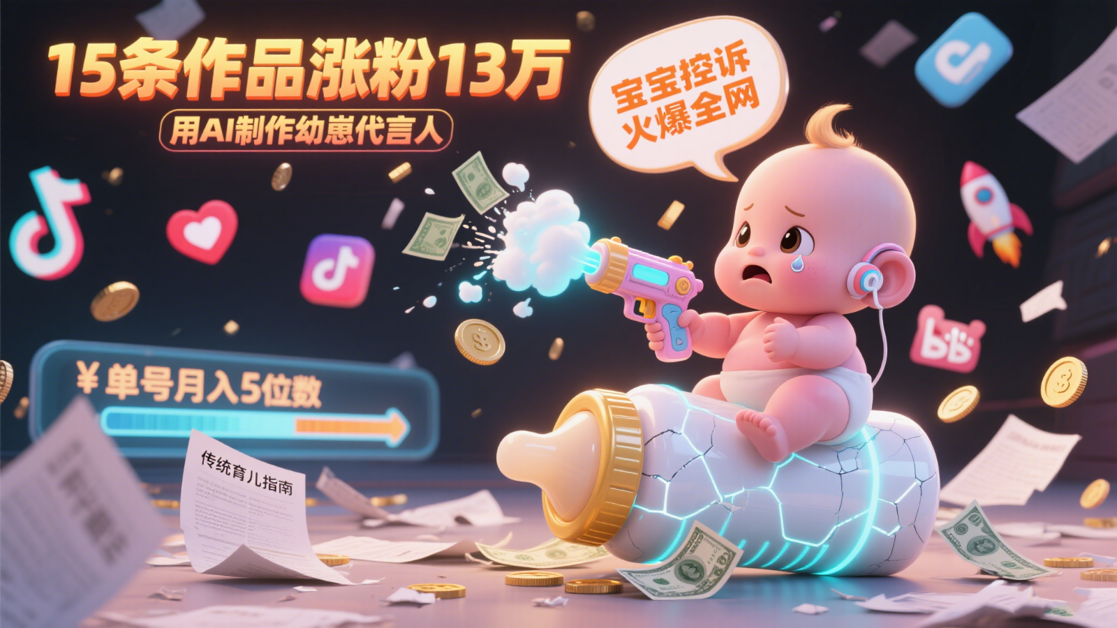 用AI制作幼崽代言人，宝宝的控诉火爆全网，15条作品涨粉13万，单号月入5位数实操教程-讯领网创