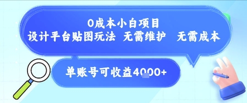 0成本小白项目，设计平台贴图玩法，无需维护，无需成本，单账号单月可产生收益4k+-讯领网创