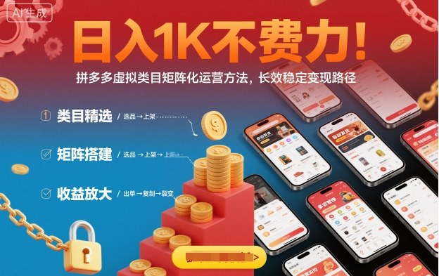 日入1K不费力！拼多多虚拟类目矩阵化运营方法，长效稳定变现路径-讯领网创