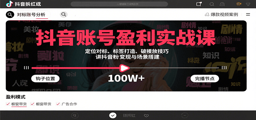 抖音账号盈利实战课，定位对标、标签打造、破播放技巧，讲涨粉变现与场景搭建-讯领网创