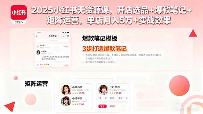 （16024期）2025小红书无货源课，开店选品+爆款笔记+矩阵运营，单店月入5万+实战效果-讯领网创