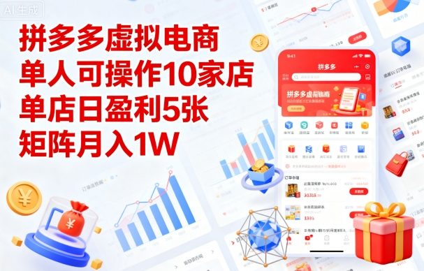 拼多多虚拟电商，单人可操作10家店，单店日盈利5张，矩阵月入1W+【揭秘】-讯领网创