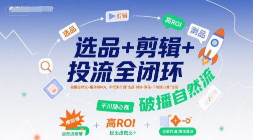 选品+剪辑+投流全闭环，破播自然流+撬动高ROI，手把手打通“选品-剪辑-测品-千川随心推”全链-讯领网创