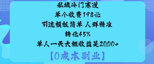 私域冷门赛道:单个收费198米引流模板简单人群精准转化45%单人一天大概收益是1k+-讯领网创