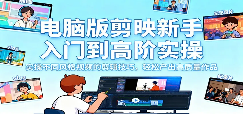 电脑版剪映新手入门到高阶实操，实操不同风格视频的剪辑技巧，轻松产出高质量作品-讯领网创