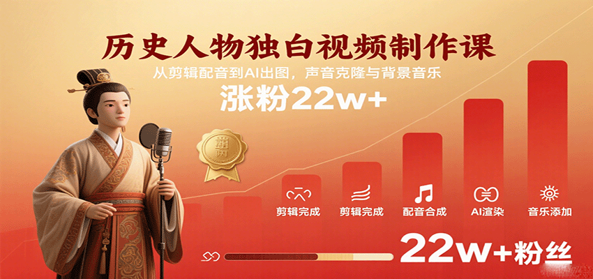 历史人物独白视频制作课，从剪辑配音到AI出图，声音克隆与背景音乐，涨粉22w+-讯领网创