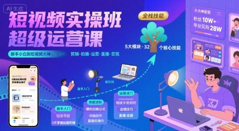 短视频实操班超级运营课，新手小白到短视频大神必修课程，剪辑-拍摄-运营-直播-变现-讯领网创
