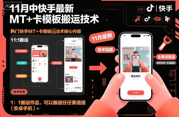 11月中快手最新MT+卡模板搬运技术，1：1搬运作品，可以搬运任何赛道(安卓手机)-讯领网创