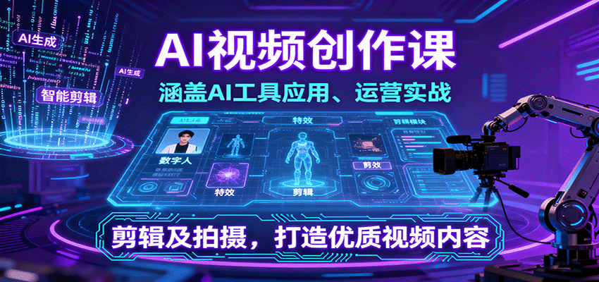 AI视频创作课，涵盖AI工具应用、运营实战、剪辑及拍摄，打造优质视频内容-讯领网创