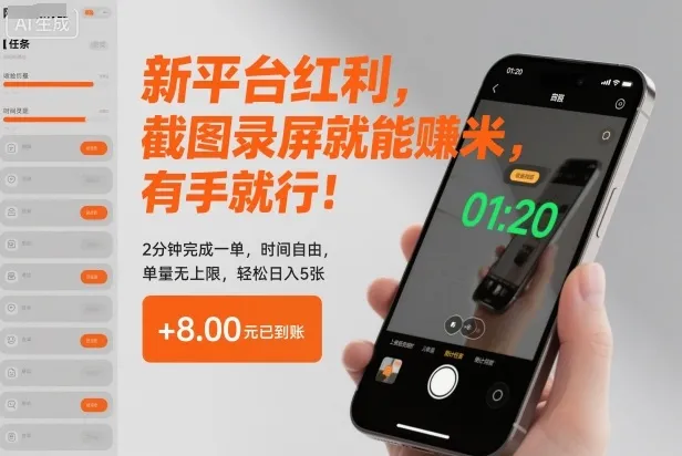 新平台红利，截图录屏就能賺米，有手就行！2分钟完成一单，时间自由，单量无上限，轻松日入5张【揭秘】-五四资源网