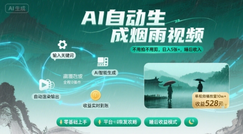 不用拍不用剪！AI自动生成烟雨视频，日入5张+，睡后收入-讯领网创