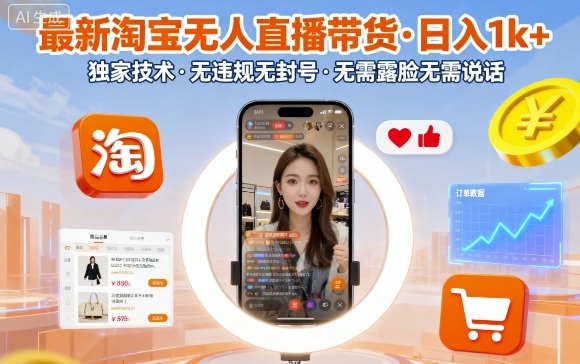 最新淘宝无人直播带货，日入1k+，独家技术，无违规无封号，无需露脸无需说话【揭秘】-讯领网创