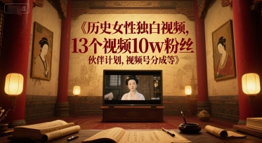 历史女性独白视频，13个视频10w粉丝，伙伴计划，视频号分成等-讯领网创