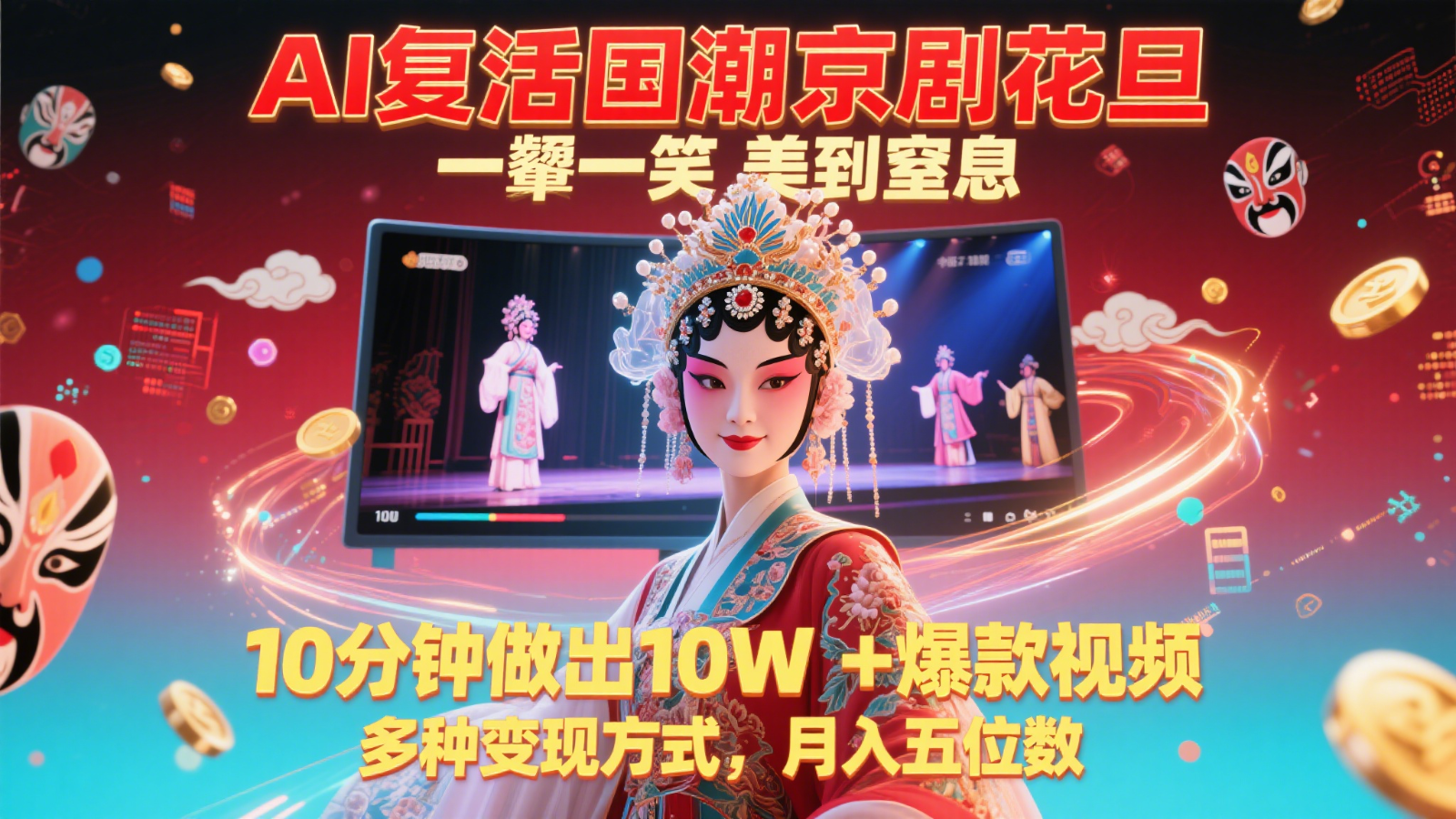 AI复活国潮京剧花旦，一颦一笑美到窒息，10分钟做出10W+爆款视频，多种变现方式，…-讯领网创