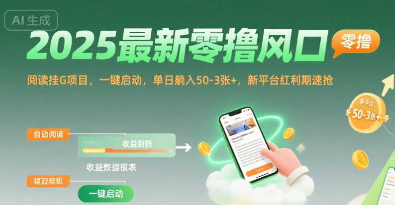 2025最新零撸风口，阅读挂G项目，一键启动，单日躺入 50-3张+，新平台红利期速抢【揭秘】-讯领网创