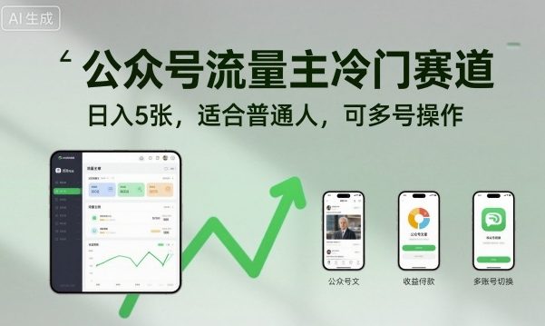 公众号流量主冷门赛道，日入5张，适合普通人，可多号操作-讯领网创