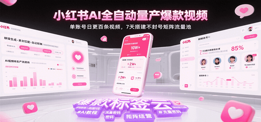 小红书AI全自动量产爆款视频，单账号日更百条视频，7天搭建不封号矩阵流量池-讯领网创