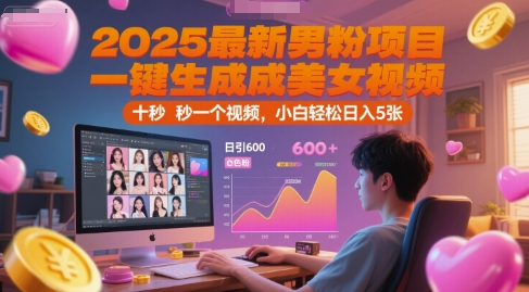 2025最新男粉项目，一键生成美女视频，日引600+色粉 十秒一个视频，小白轻松日入5张【揭秘】-讯领网创