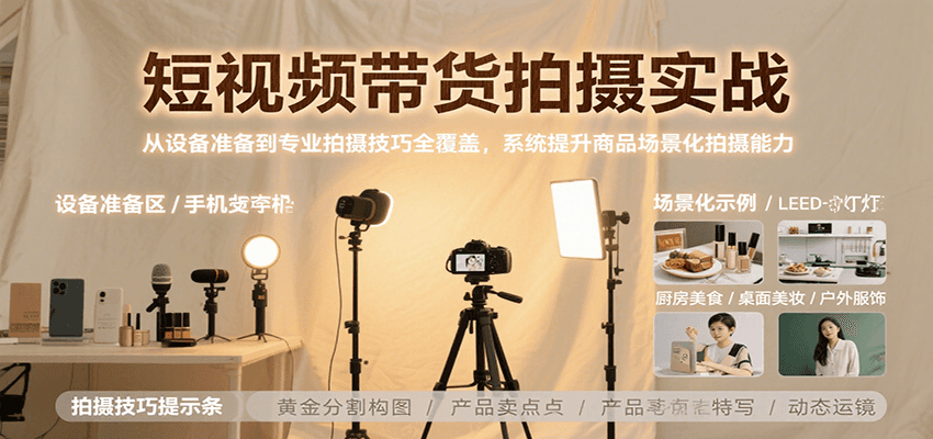 短视频带货拍摄实战，从设备准备到专业拍摄技巧全覆盖，系统提升商品场景化拍摄能力-讯领网创