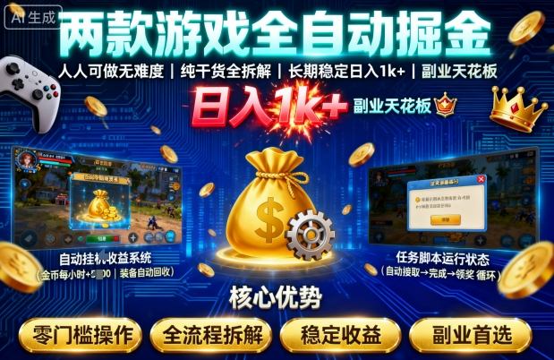 两款游戏全自动掘金，人人可做无难度，纯干货全拆解，长期稳定，日入1k+，副业天花板【揭秘】-讯领网创