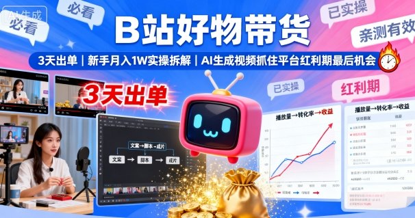 B站好物带货，3天出单，新手月入1W实操拆解，AI生成视频，抓住平台红利期最后机会-讯领网创