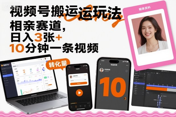 视频号搬运玩法，相亲赛道，日入3张+，10分钟一条视频-讯领网创
