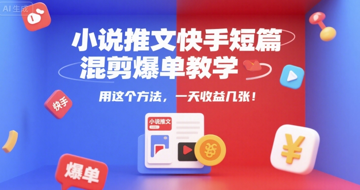小说推文快手短篇混剪爆单教学，用这个方法，一天收益几张-讯领网创