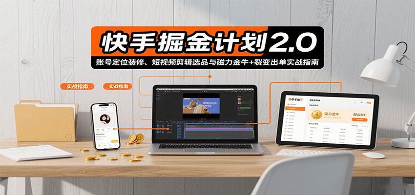 快手掘金计划2.0，账号定位装修、短视频剪辑选品与磁力金牛+裂变出单实战指南-讯领网创