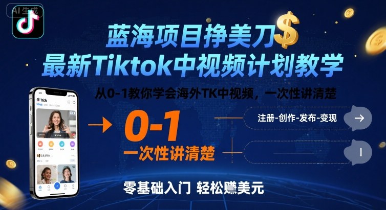 蓝海项目挣美刀，最新Tiktok中视频计划教学，从0-1教你学会海外TK中视频，一次性讲清楚-讯领网创