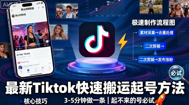 最新Tiktok快速搬运快速起号方法，3-5分钟做一条，起不来的号可以试试-讯领网创