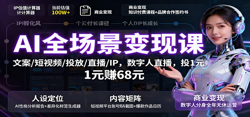 AI全场景变现课：文案/短视频/投放/直播/IP，数字人直播，投1元赚68元-讯领网创