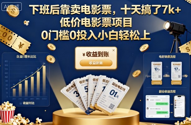 下班后靠卖电影票，十天搞了7k+，低价电影票项目，0门槛0投入小白轻松上手【揭秘】-讯领网创