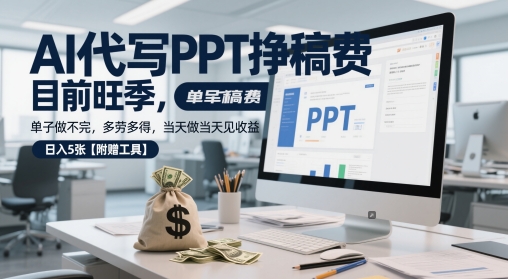 AI代写PPT挣稿费，目前旺季，单子做不完，多劳多得，当天做当天见收益，日入5张【附赠工具】-讯领网创
