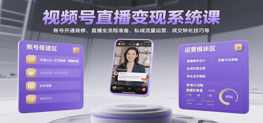视频号直播变现系统课，账号开通装修、直播全流程准备、私域流量运营、成交转化技巧等-讯领网创