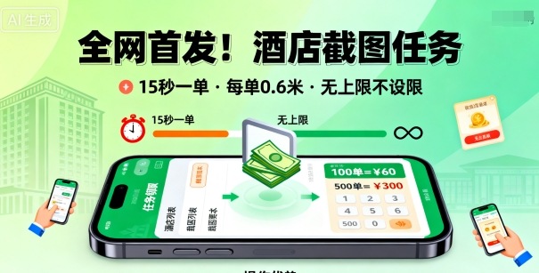全网首发！酒店截图任务，15秒一单，每单0.6米，任务无上限不设限，矩阵操作单日3张到手【揭秘】-讯领网创