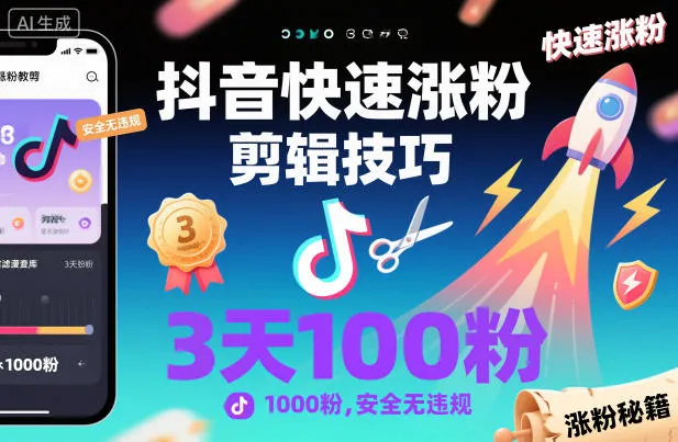 抖音快速涨粉剪辑技巧，3天1000粉，安全无违规-讯领网创