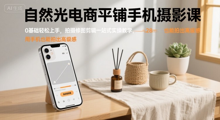 自然光电商平铺手机摄影课，0基础轻松上手，拍摄修图剪辑一站式实操教学，用手机也能拍出高级感-讯领网创