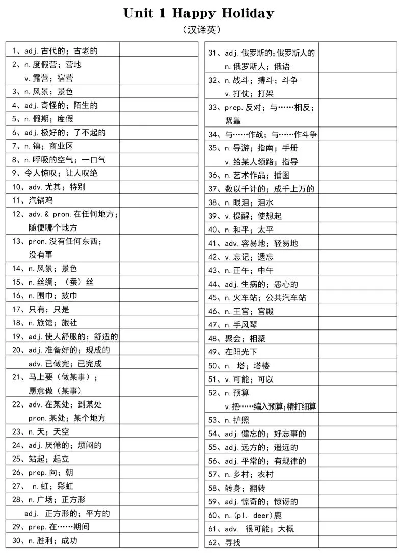 新八年级上英语单词汉译英（人教版）-五四资源网
