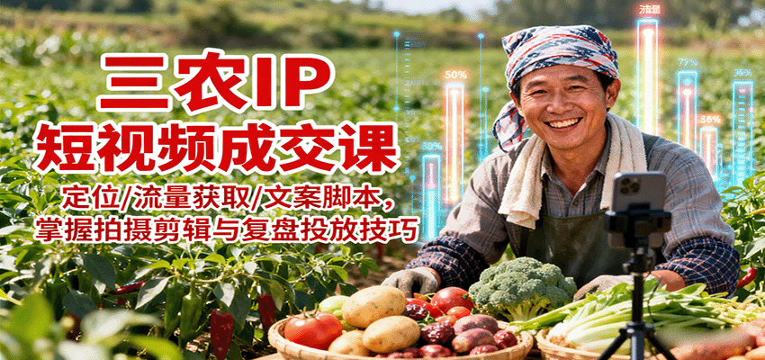 三农IP短视频成交课：定位/流量获取/文案脚本，掌握拍摄剪辑与复盘投放技巧-讯领网创