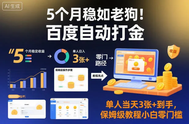 5个月稳如老狗！百度自动打金，单人当天3张+到手，保姆级教程小白零门槛【揭秘】-讯领网创