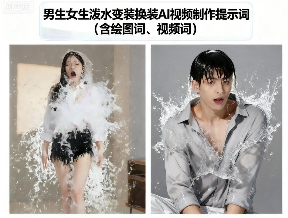 男生女生泼水变装换装AI视频制作提示词(含绘图词、视频词)-讯领网创