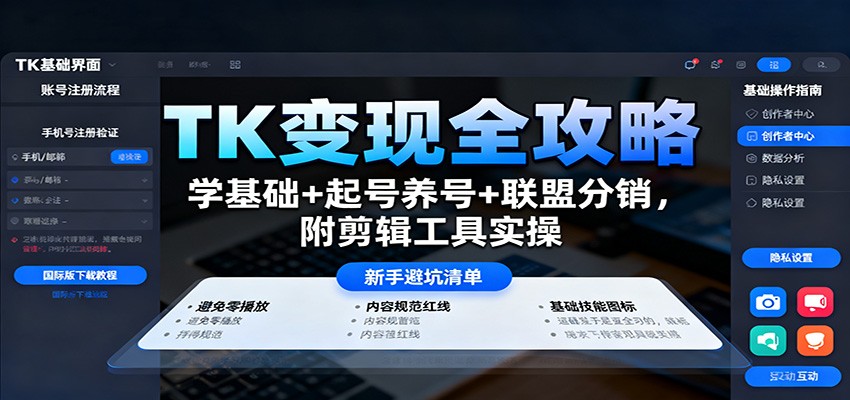 TK变现全攻略：学基础+起号养号+联盟分销，附剪辑工具实操-讯领网创