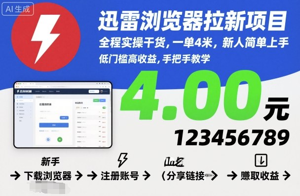 迅雷浏览器拉新项目，全程实操干货，一单4米，新人简单上手-讯领网创
