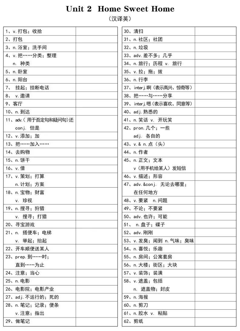 新八年级上英语单词汉译英（人教版）