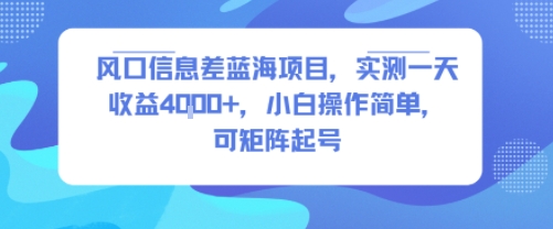 风口信息差蓝海项目，实测一天收益4k+，小白操作简单，可矩阵起号-讯领网创