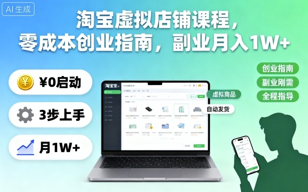 淘宝虚拟店铺课程，零成本创业指南，副业月入1W+-讯领网创