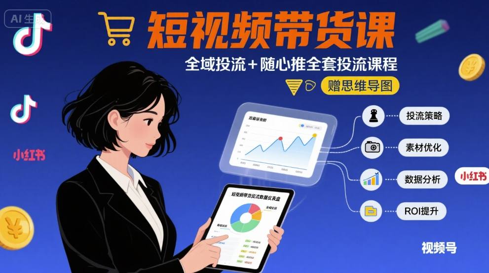 最新短视频带货课，全域投流+随心推全套投流课程+思维导图-讯领网创